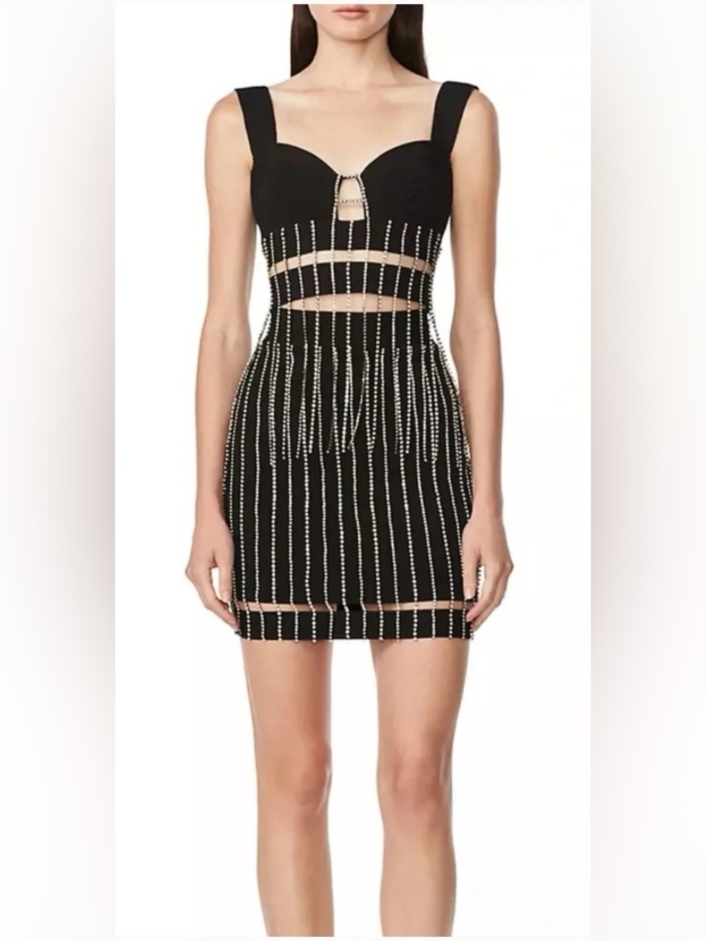 $1590 Herve Leger Women's Black Crystal Chain Fringe Cutout Crop Top NWT